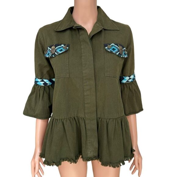 Anthropologie Jackets & Blazers - Anthropologie Beautiful Stories Inika Olive Green Utility Jacket XS Embroidered